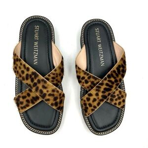 Stuart Weitzman Roza Lift Chain Haircakf Cheetah Print Sandals Size 8